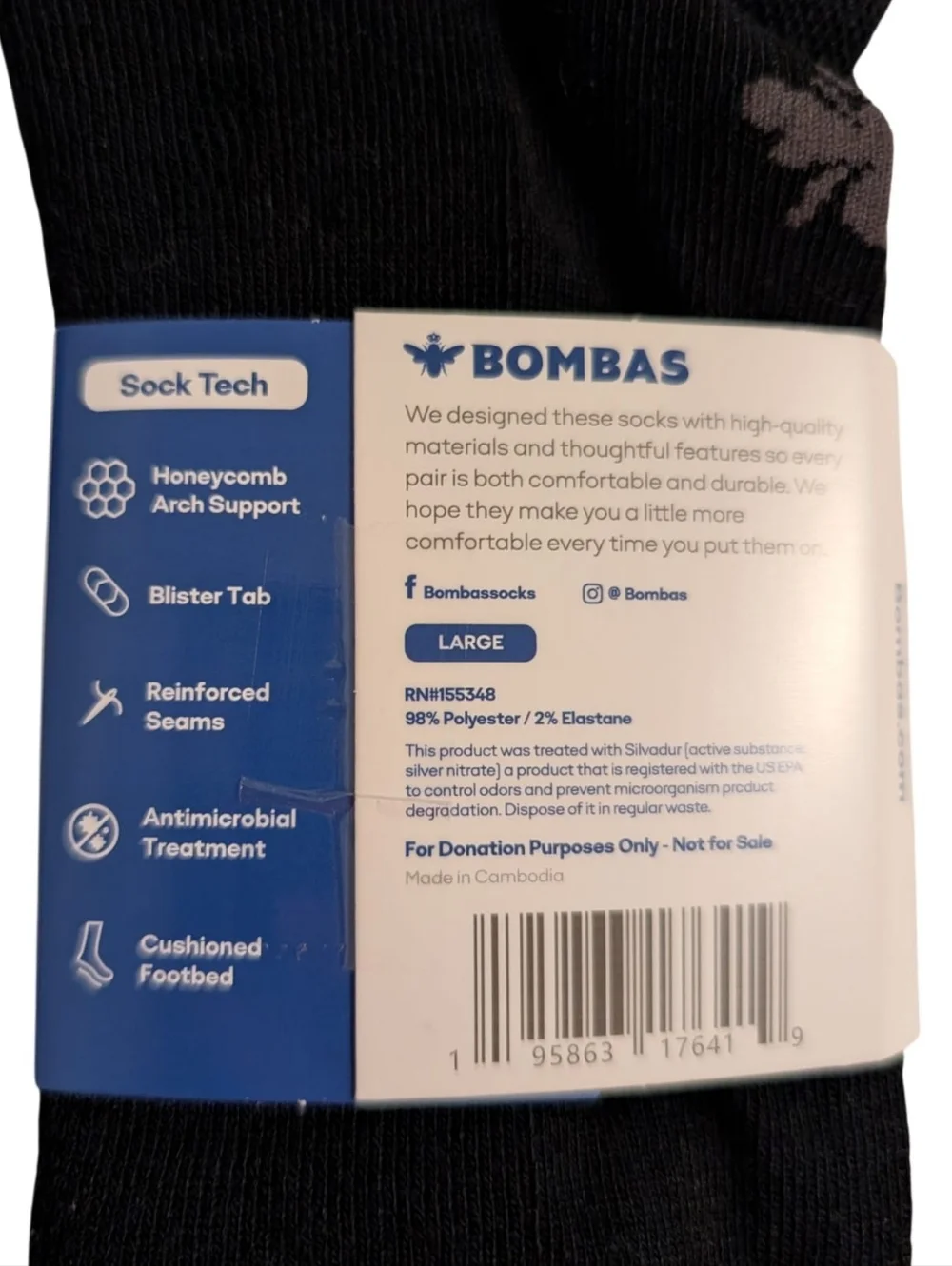 Bombas Black Cushioned Ankle Pair Socks Blister Tab Arch Support Large NWT